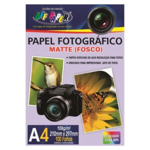 Papel especial com superfície sem brilho (matte). Alta resolução para impressão de fotografias. Indicado para impressoras Jato de Tinta.