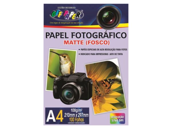 Papel especial com superfície sem brilho (matte). Alta resolução para impressão de fotografias. Indicado para impressoras Jato de Tinta.