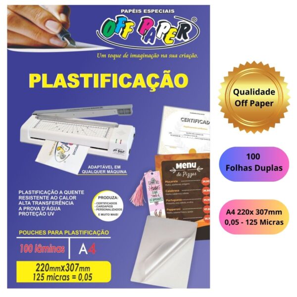 O Polaseal A4 da Off Paper, é um Plástico para Plastificação, tamanho 220x307 na espessura 0,05 (125 micras) brilhante em folha dupla e cantos arredondados pronto para plastificação.